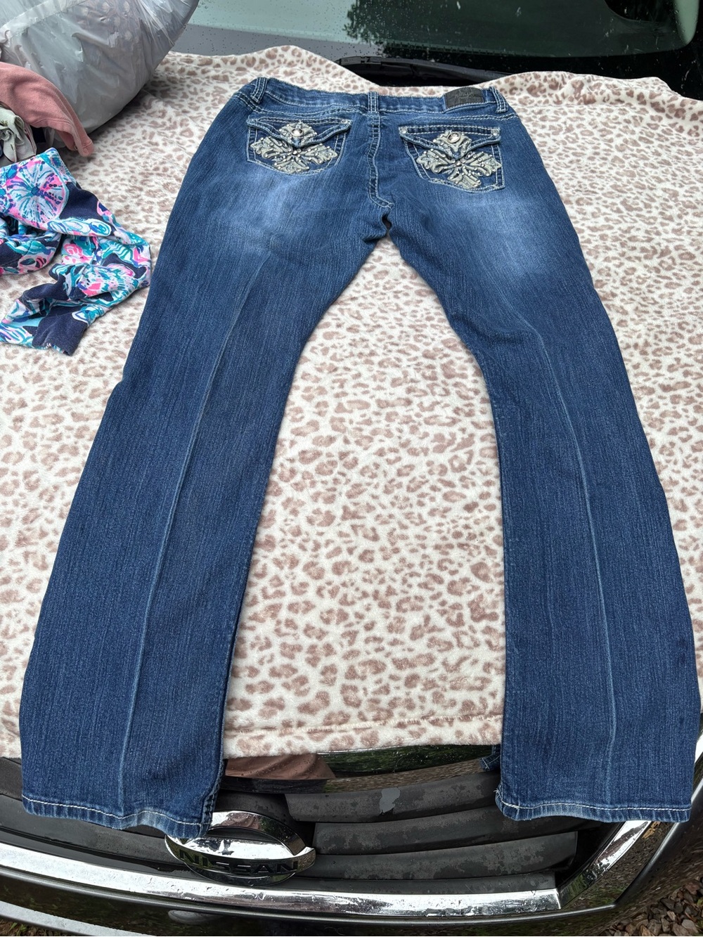 Y2K Zco Low Rise Embellished Rhinestone Back Pocket Blue Jeans Size 16W